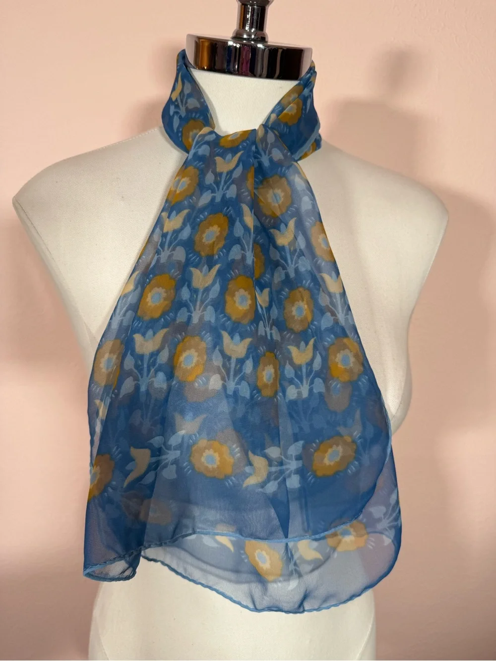 Vintage Cottagecore floral semi sheer blue tan long rectangular scarf